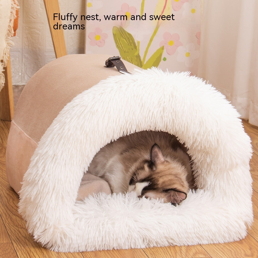 Warm and Moisture-Proof Portable Pet Nest – Long Fur Bed for Cats and Dogs for Autumn/Winter